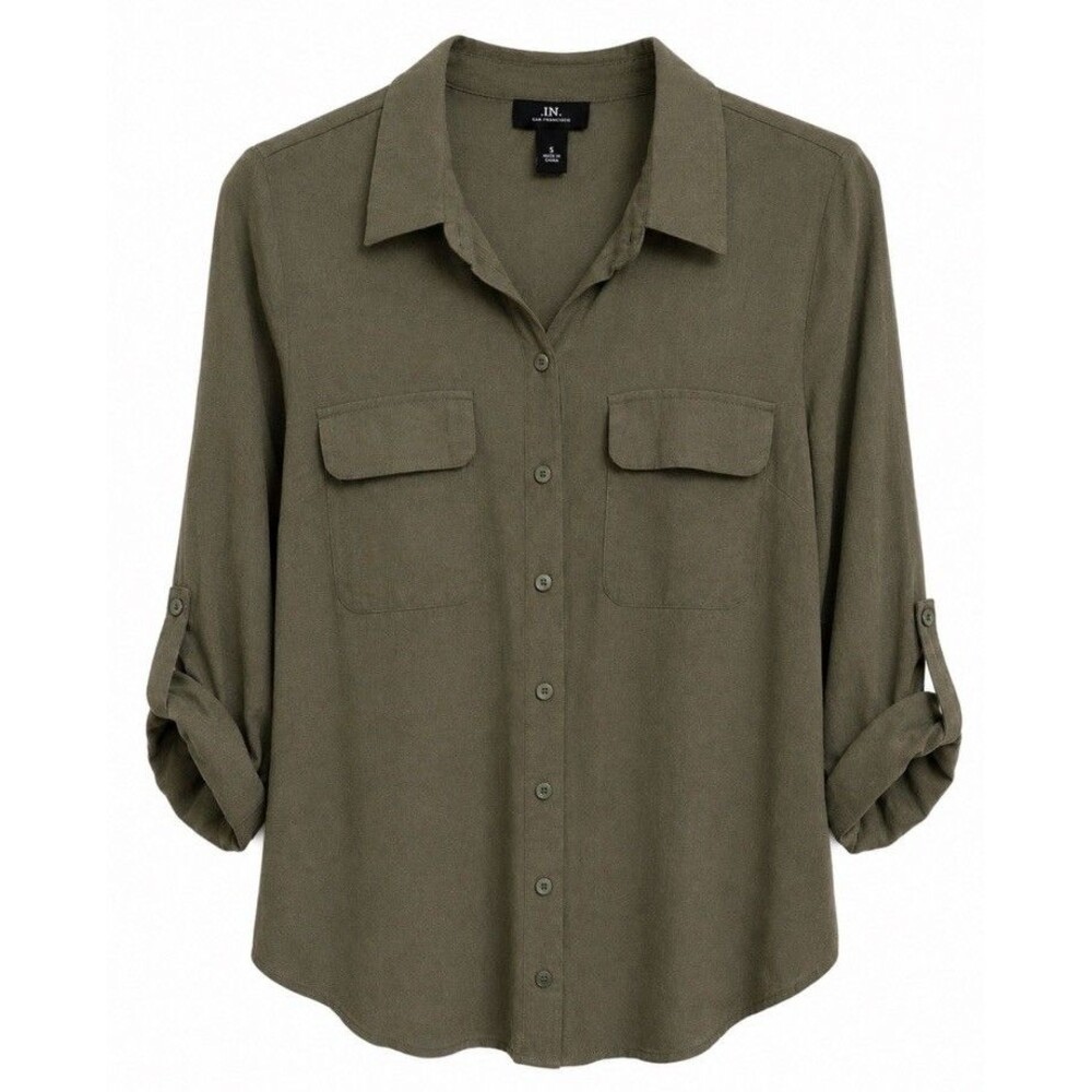 I.N. San Francisco Women's Woven Button Front 3/4 Sleeve Shirt Green Size Small